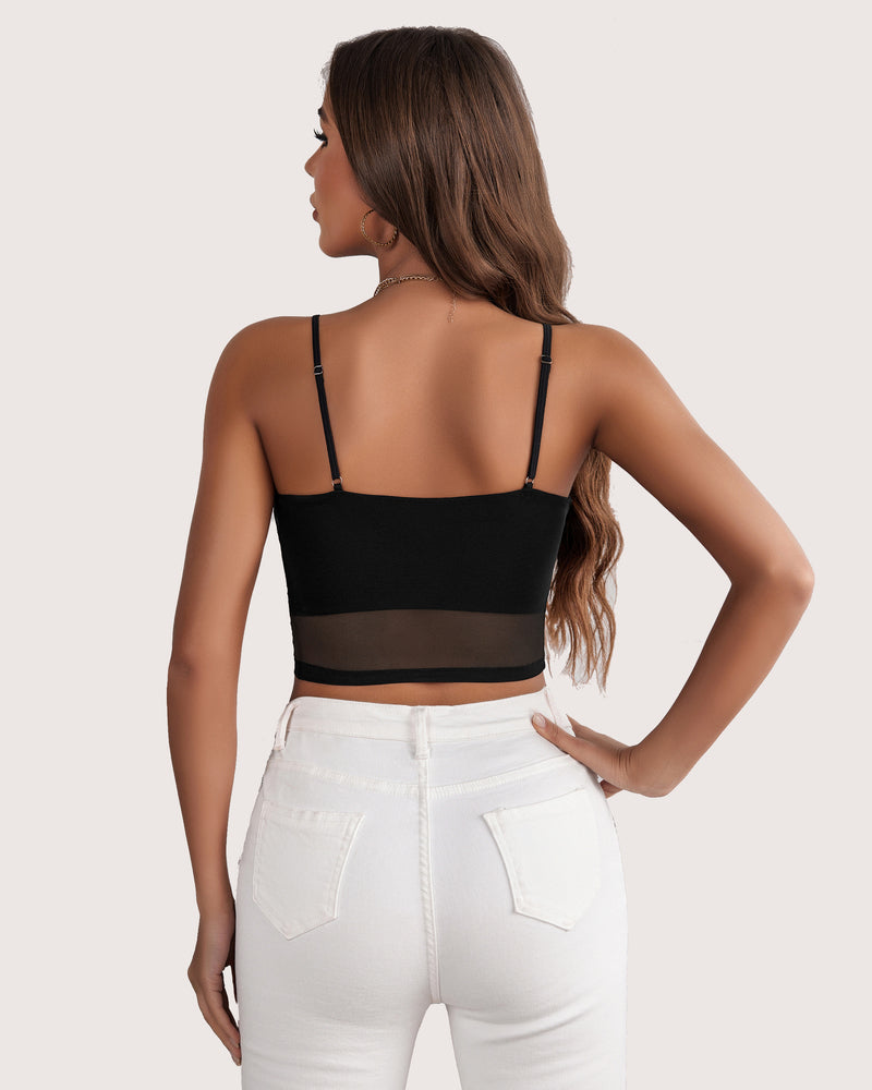 Black mesh spaghetti strap tank top, layered design, with white jeans for a flattering fit