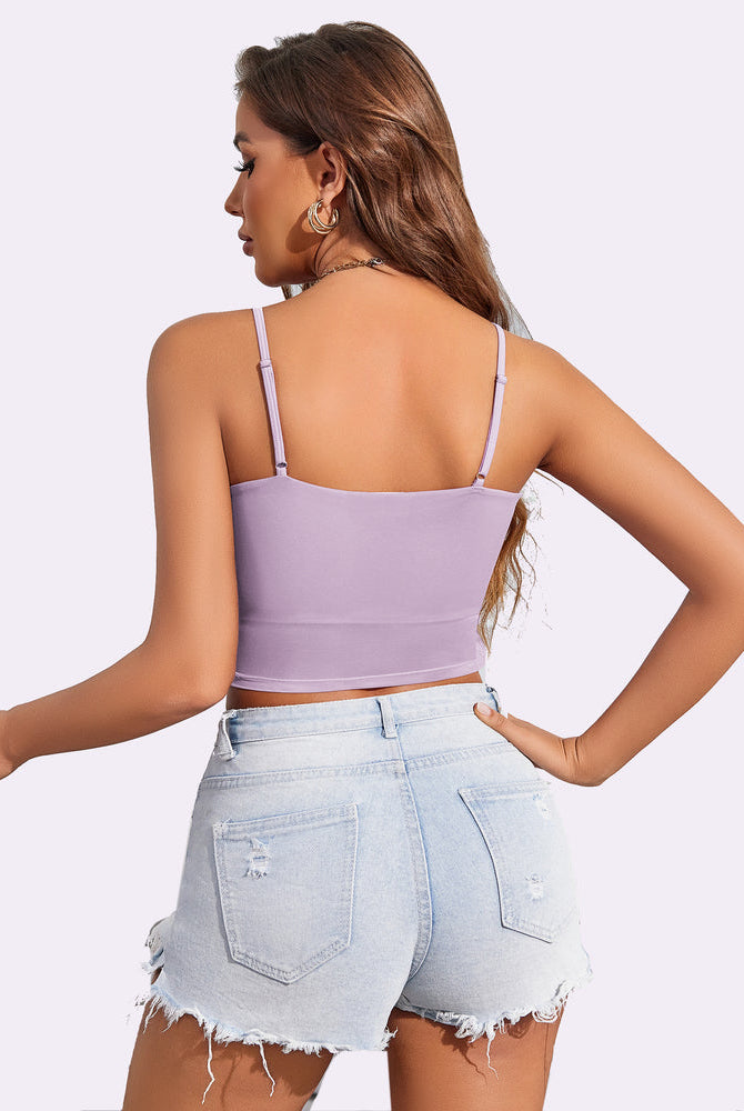 Lilac spaghetti strap mesh tank top, layered design, paired with denim shorts, a stylish fit.