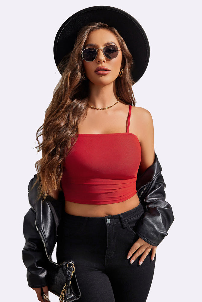 Red spaghetti strap tank top, stylish outfit, perfect for a flattering and confident look