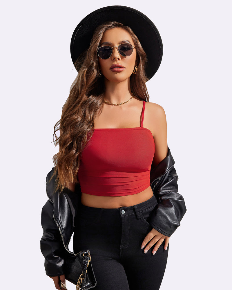 Red spaghetti strap tank top, stylish outfit, perfect for a flattering and confident look