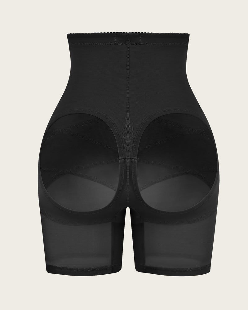 Black high-waisted tummy control shapewear shorts with butt lift, breathable fabric, back view