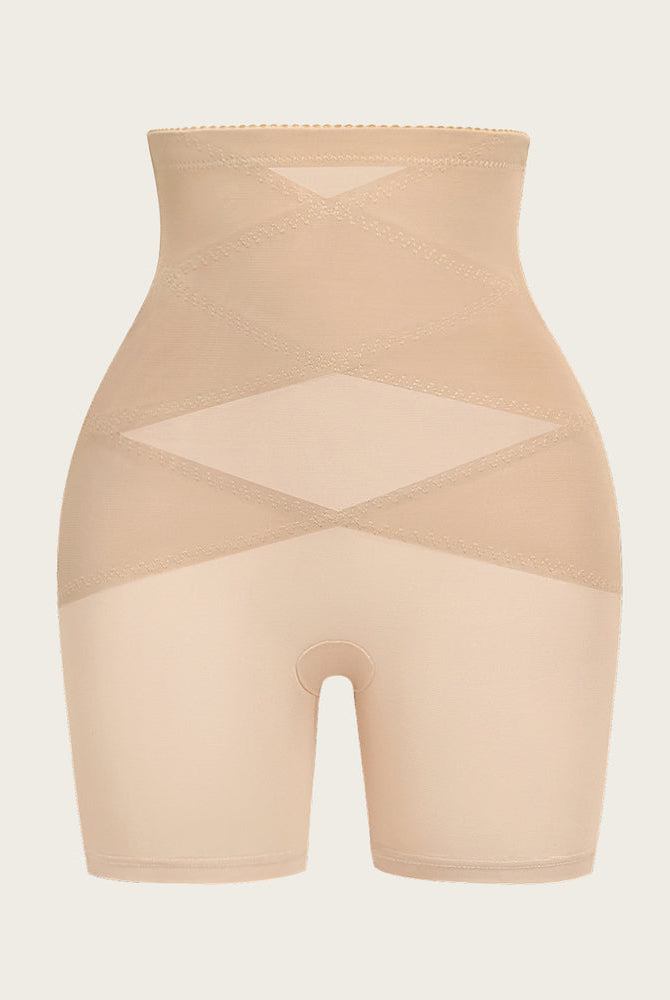 Beige high-waisted tummy control shapewear shorts with butt lift and breathable fabric