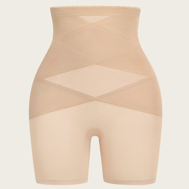 Beige high-waisted tummy control shapewear shorts with butt lift and breathable fabric