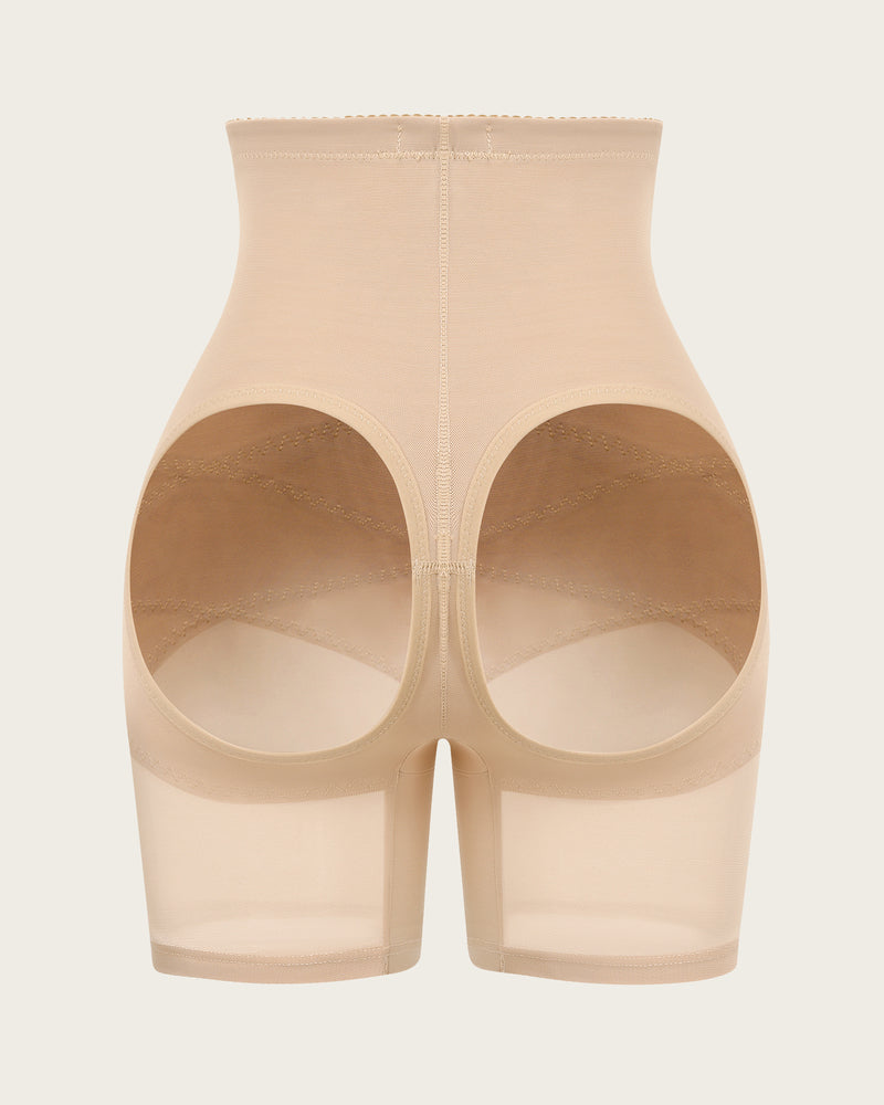 High-waisted beige tummy control shapewear shorts with butt lift, breathable fabric, back view