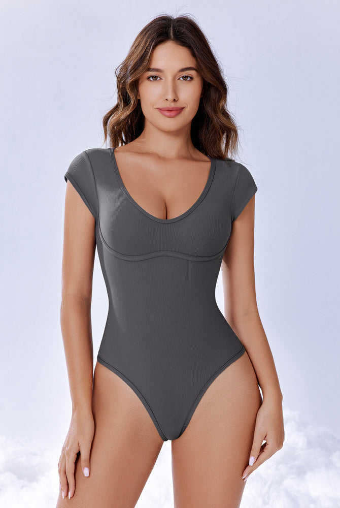 Gray cap sleeve bodysuit for women. Perfect for going out. Comfortable & stylish.