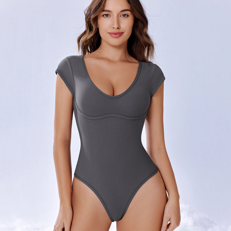 Gray cap sleeve bodysuit for women. Perfect for going out. Comfortable & stylish.