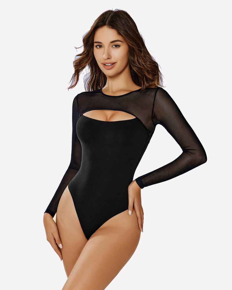 Black long sleeve mesh cutout bodysuit, highlighting curves and designed for a confident, sexy look.