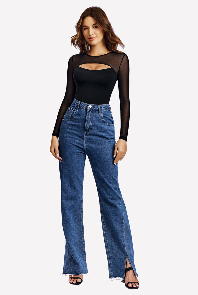 Black long sleeve bodysuit with mesh cutout and blue denim jeans, emphasizing curves and confidence
