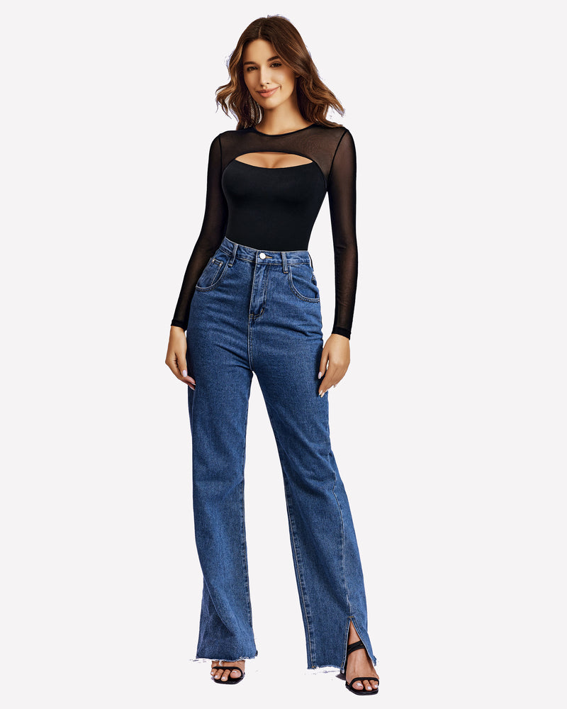 Black long sleeve bodysuit with mesh cutout and blue denim jeans, emphasizing curves and confidence