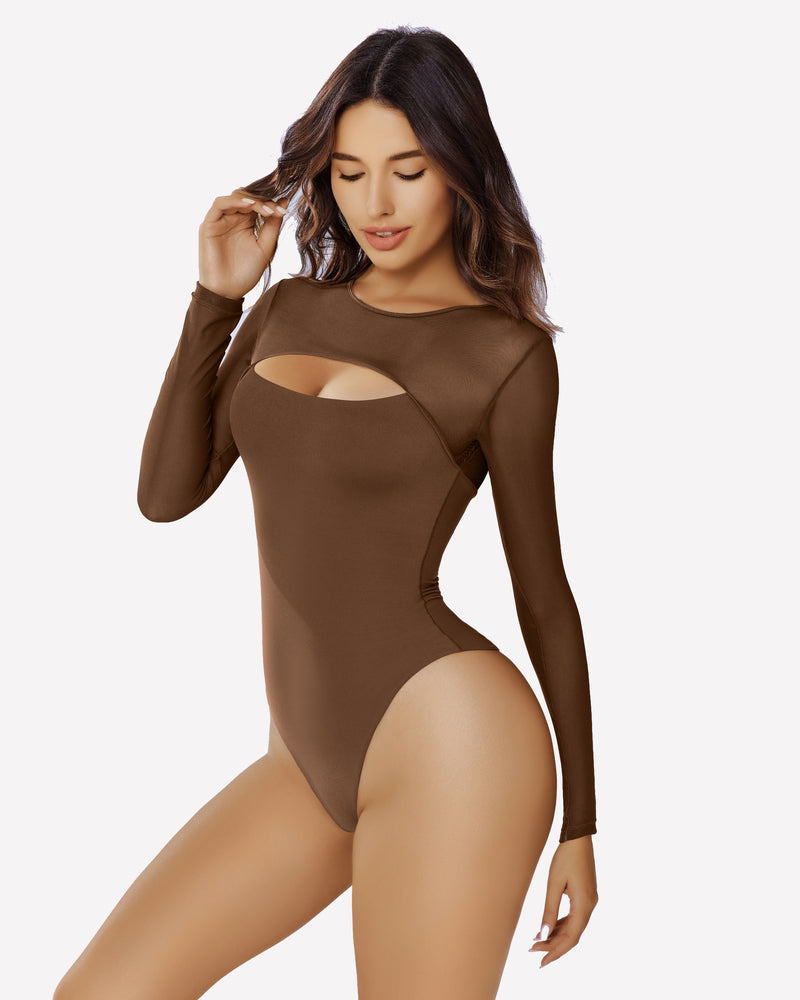 Brown long sleeve mesh cutout bodysuit, form-fitting design to emphasize curves and confidence.