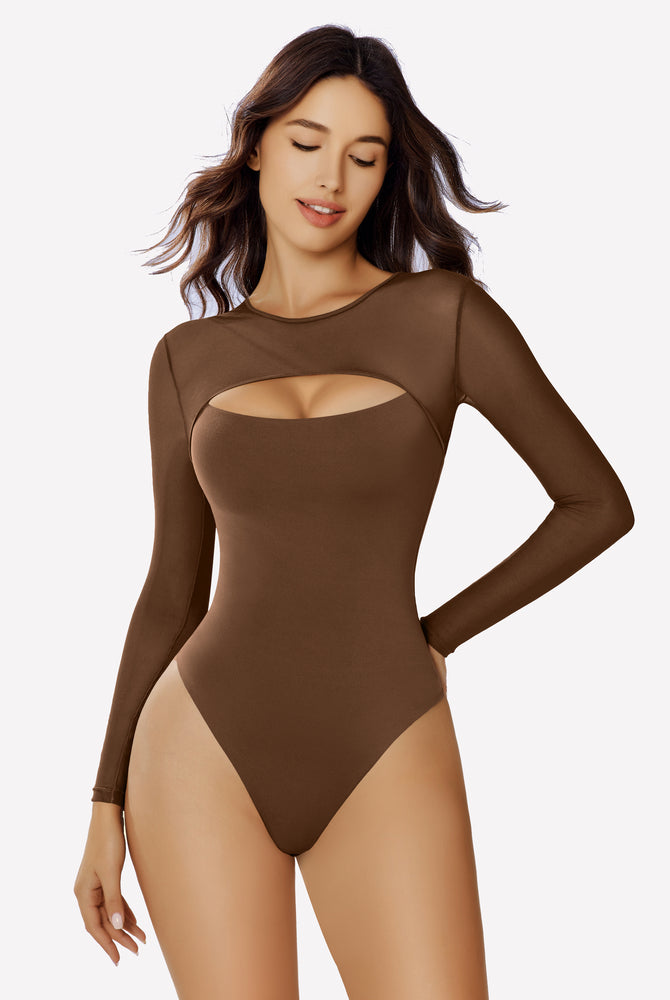 Brown long sleeve mesh cutout bodysuit, form-fitting and designed to emphasize curves.