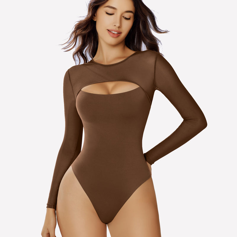 Brown long sleeve mesh cutout bodysuit, form-fitting and designed to emphasize curves.