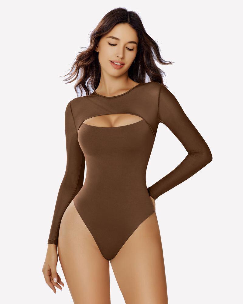 Brown long sleeve mesh cutout bodysuit, form-fitting and designed to emphasize curves.