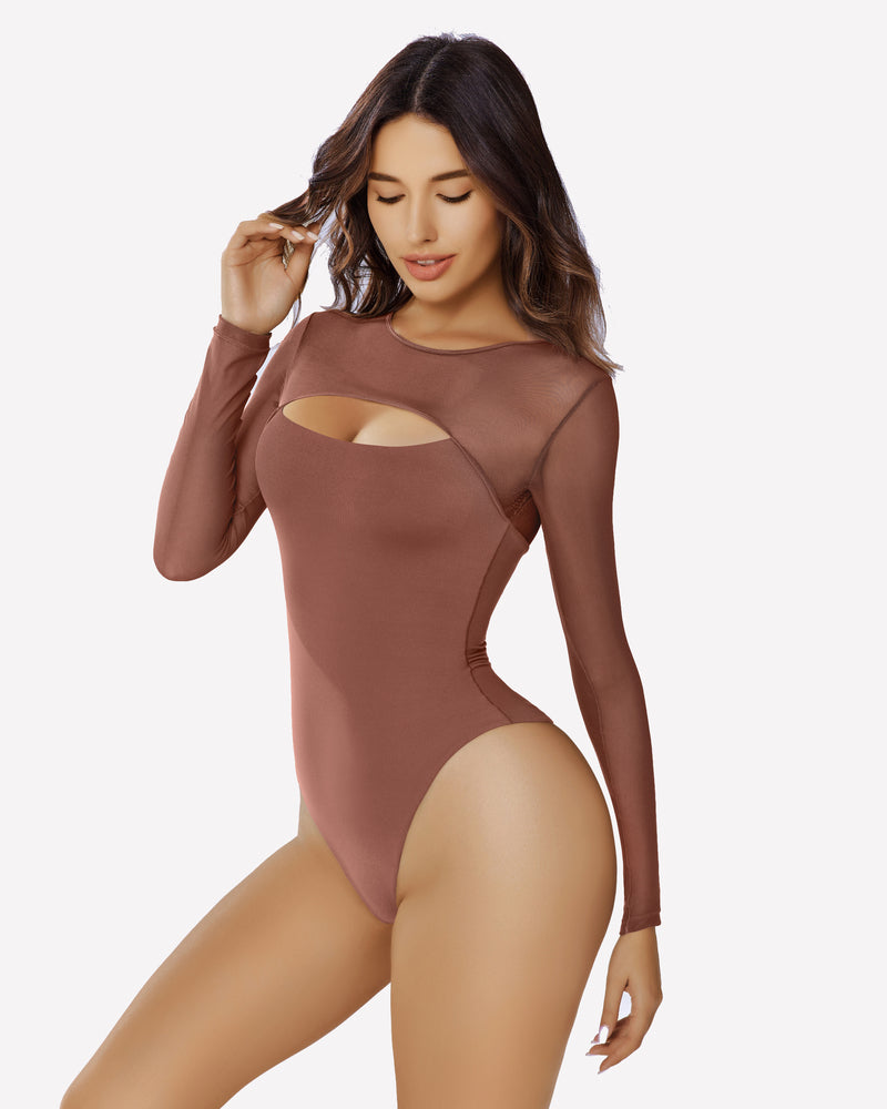 Brown mesh cutout bodysuit, form-fitting design, emphasizes curves, sexy lingerie, long sleeve.