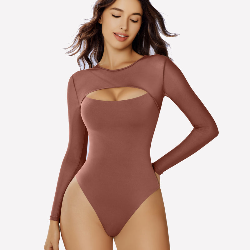 Brown mesh cutout bodysuit, long sleeve design emphasizing curves, soft and breathable lingerie.