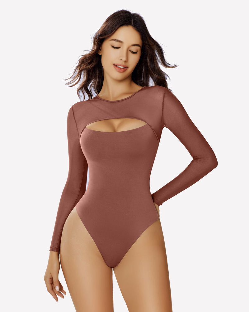 Brown mesh cutout bodysuit, long sleeve design emphasizing curves, soft and breathable lingerie.