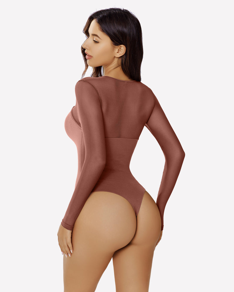 Brown long sleeve mesh cutout bodysuit, form-fitting lingerie emphasizing curves and confidence.