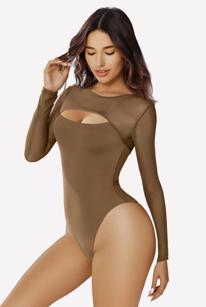 Brown long sleeve bodysuit with mesh cutout, emphasizing curves, sexy lingerie.