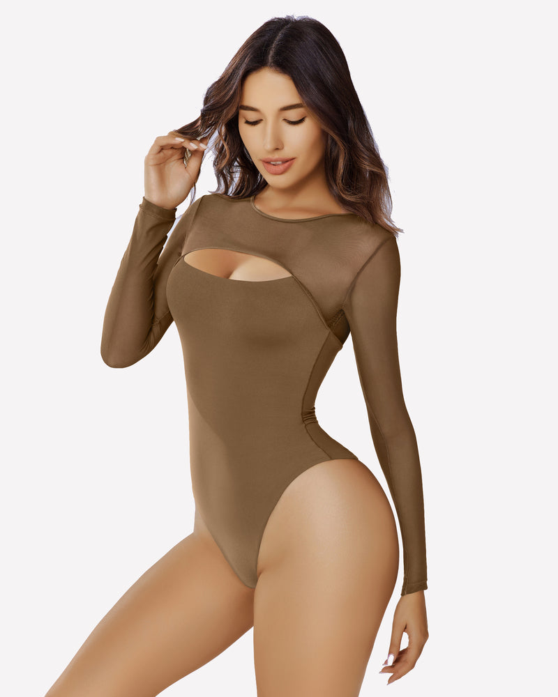 Brown long sleeve bodysuit with mesh cutout, emphasizing curves, sexy lingerie.