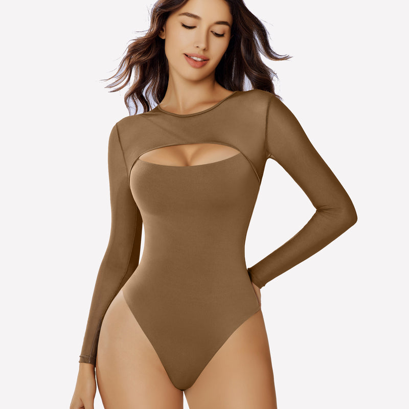 Brown long sleeve mesh cutout bodysuit, emphasizing curves and confidence, sexy lingerie.