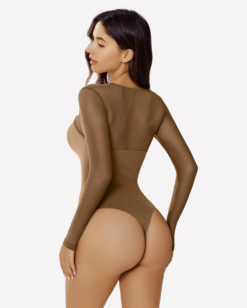 Brown long sleeve mesh cutout bodysuit, emphasizes curves and confidence, sexy lingerie.