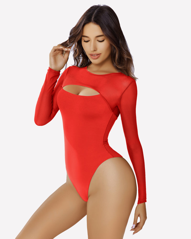 Red long sleeve mesh cutout bodysuit, sexy lingerie emphasizing curves and confidence