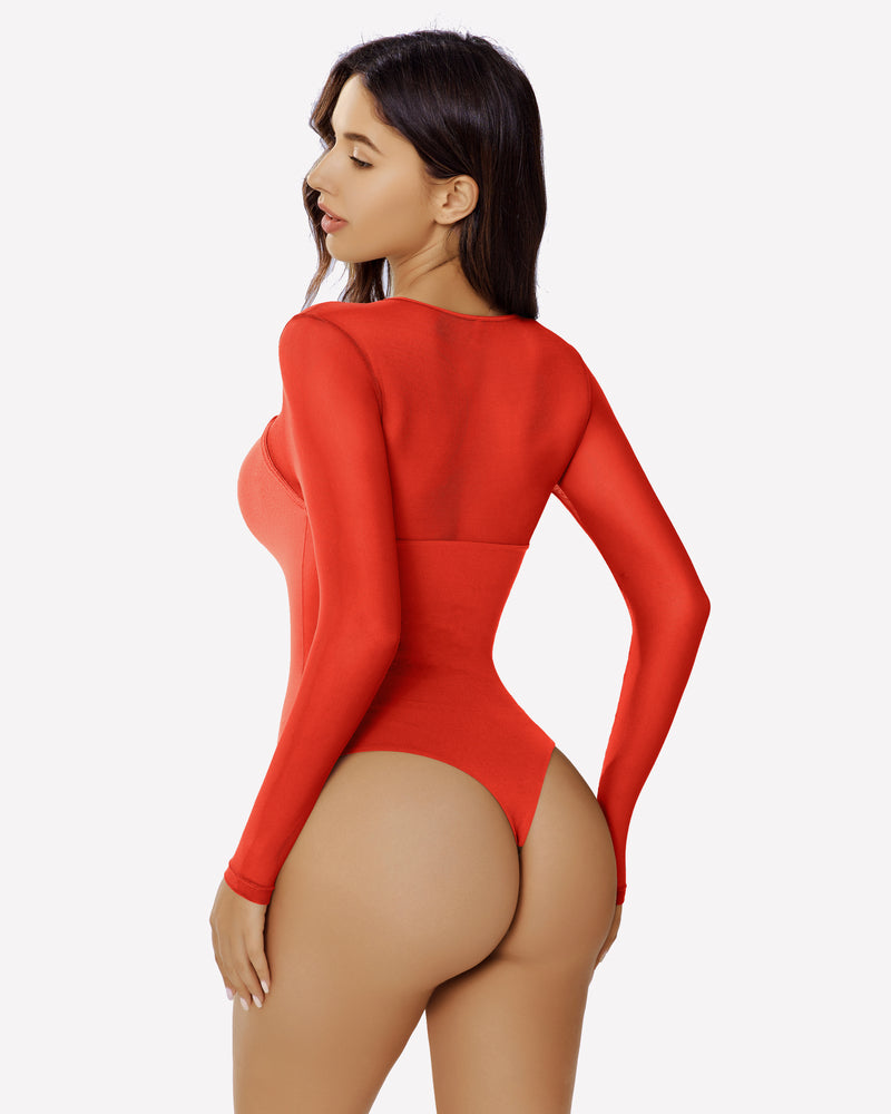 Red long sleeve mesh cutout bodysuit, form-fitting lingerie emphasizing curves and confidence.