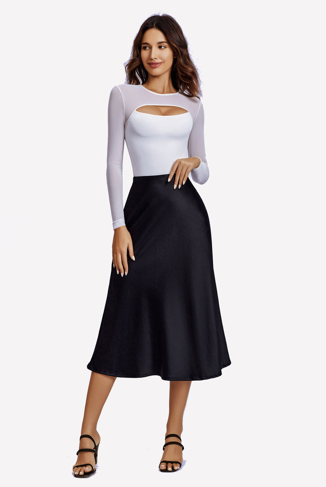 White mesh cutout bodysuit and black midi skirt, sexy lingerie design for confident wear