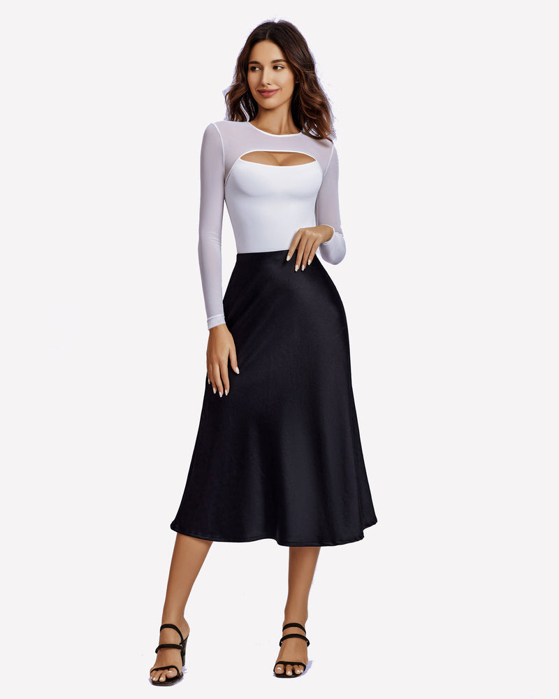 White mesh cutout bodysuit and black midi skirt, sexy lingerie design for confident wear