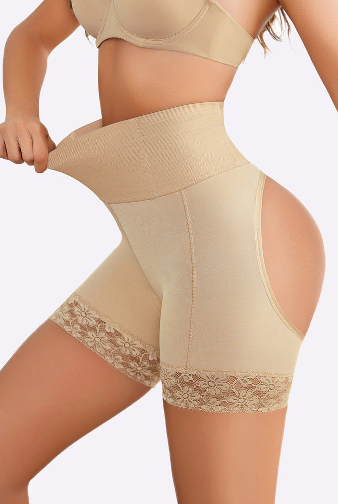 Tummy control high-waisted shorts shapewear in beige, featuring lace trim and a smoothing effect.