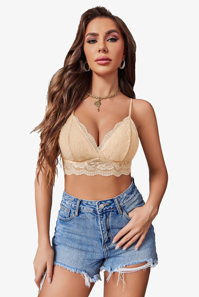 Beige lace bralette and denim shorts, confident women's fashion, adjustable straps