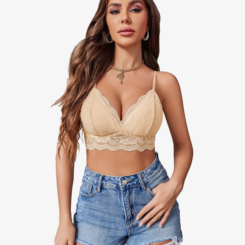 Beige lace bralette and denim shorts, confident women's fashion, adjustable straps