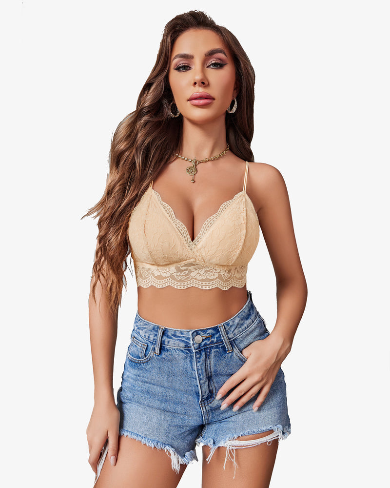Beige lace bralette and denim shorts, confident women's fashion, adjustable straps