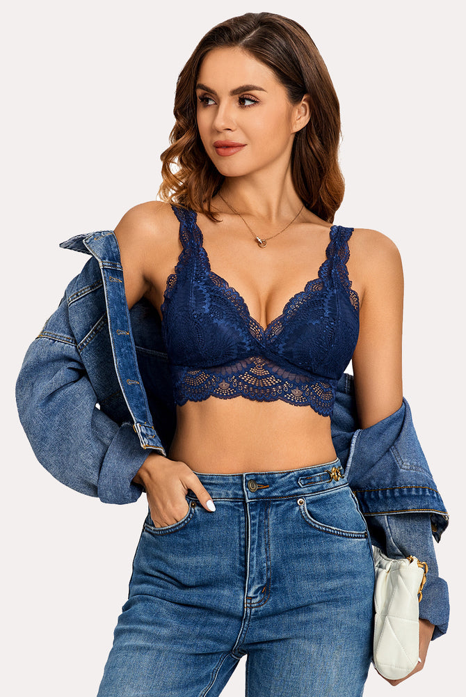 Navy blue lace bralette, deep plunge design with jeans and denim jacket. Avidlove lingerie.