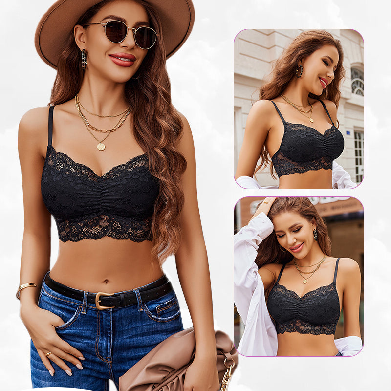 Black lace bralette with adjustable straps, denim jeans, a stylish lingerie style from Avidlove.