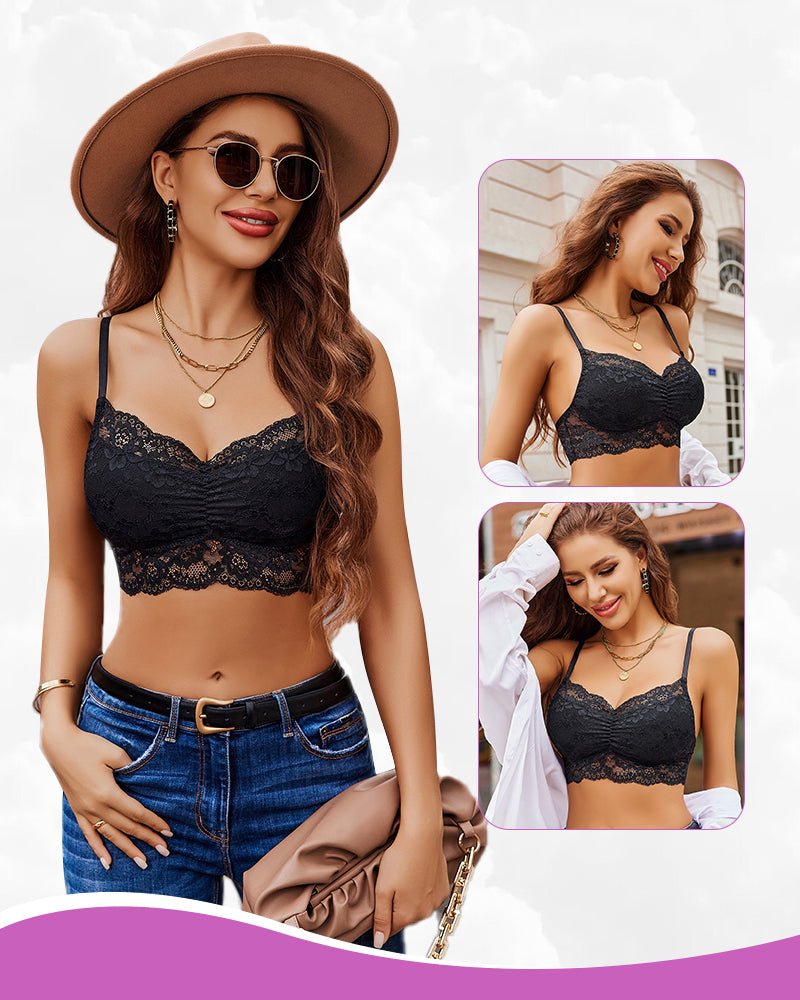 Black lace bralette with adjustable straps, denim jeans, a stylish lingerie style from Avidlove.