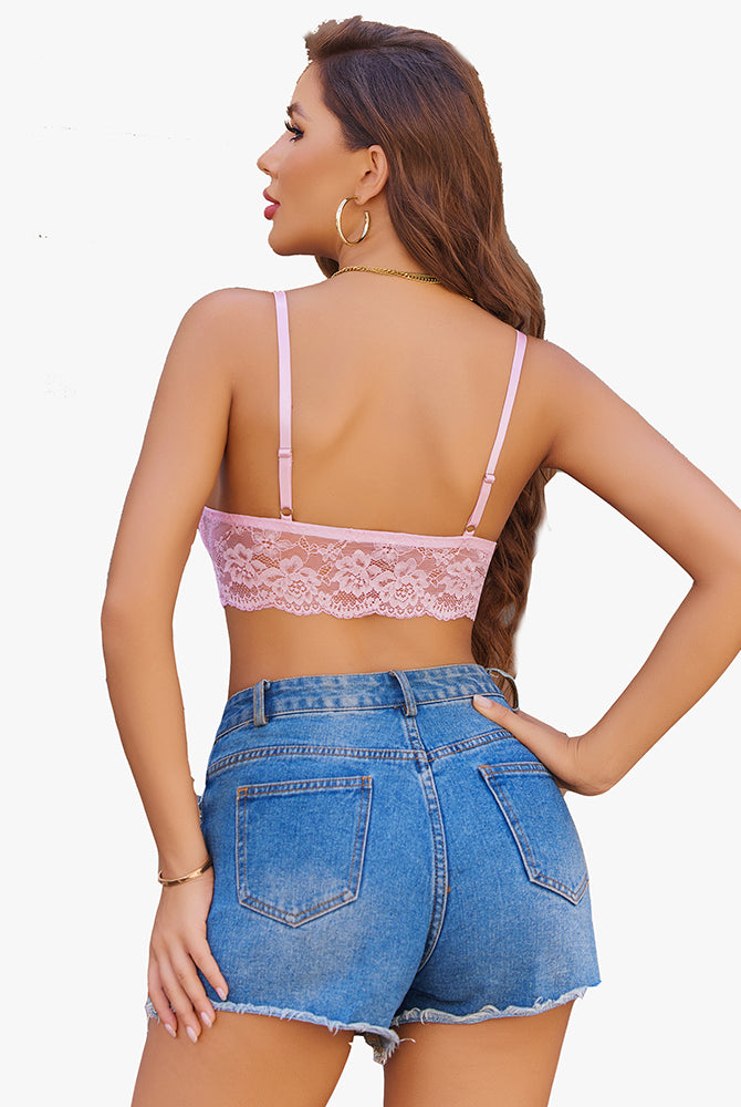 Pink lace bralette, denim shorts. Stylish Avidlove lingerie for women