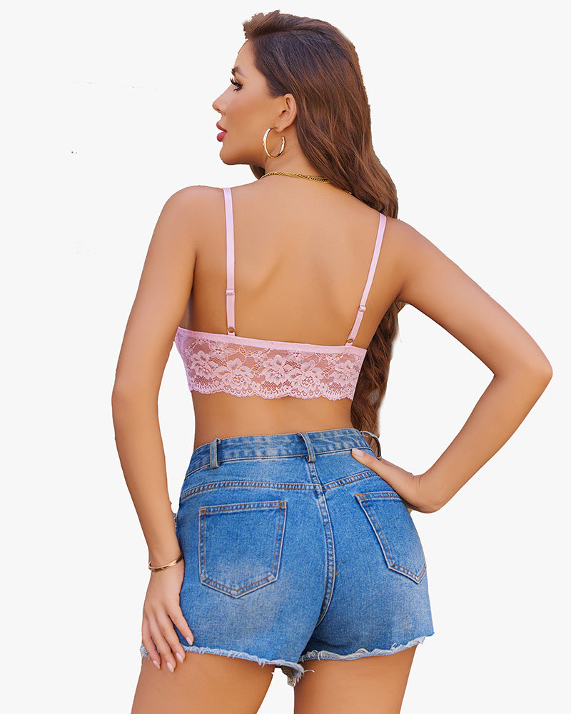 Pink lace bralette, denim shorts. Stylish Avidlove lingerie for women