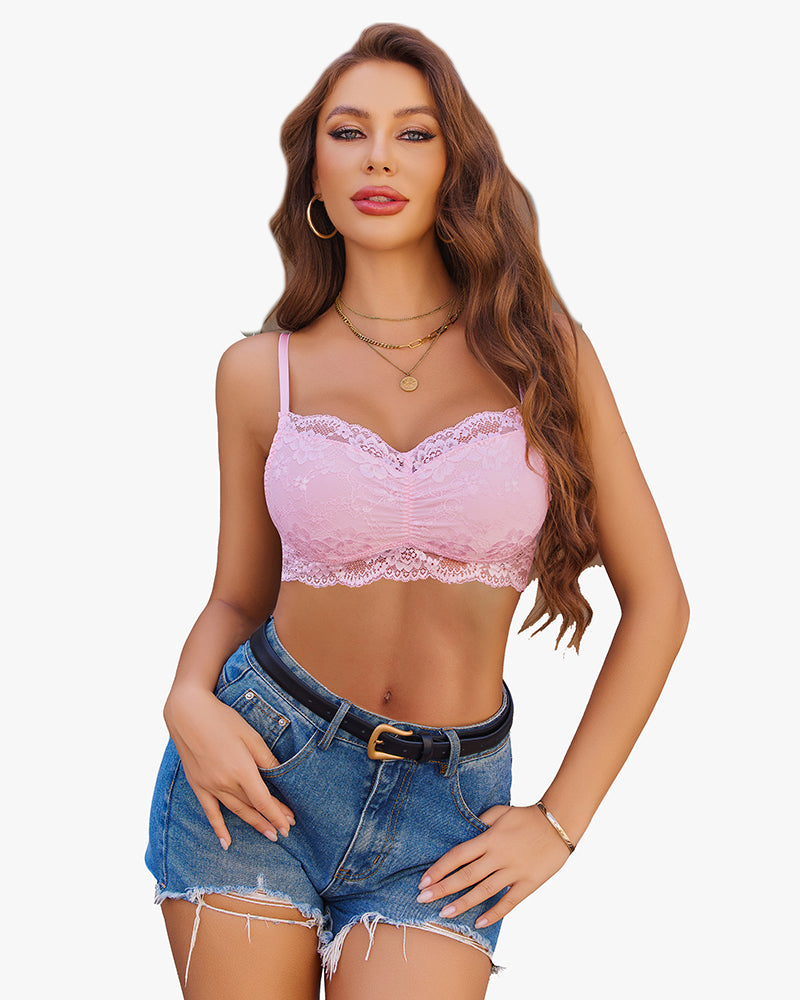 Pink lace crop top bralette with adjustable straps, and denim shorts. Stylish lingerie from Avidlove
