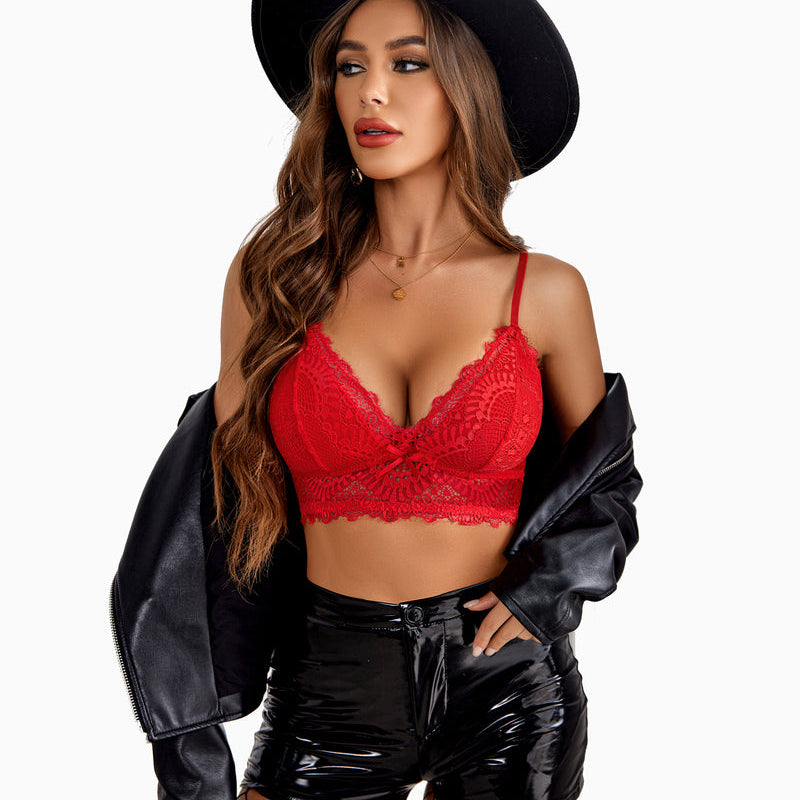 Red lace bralette crop top with black shorts and a jacket. Sexy Avidlove bralette.