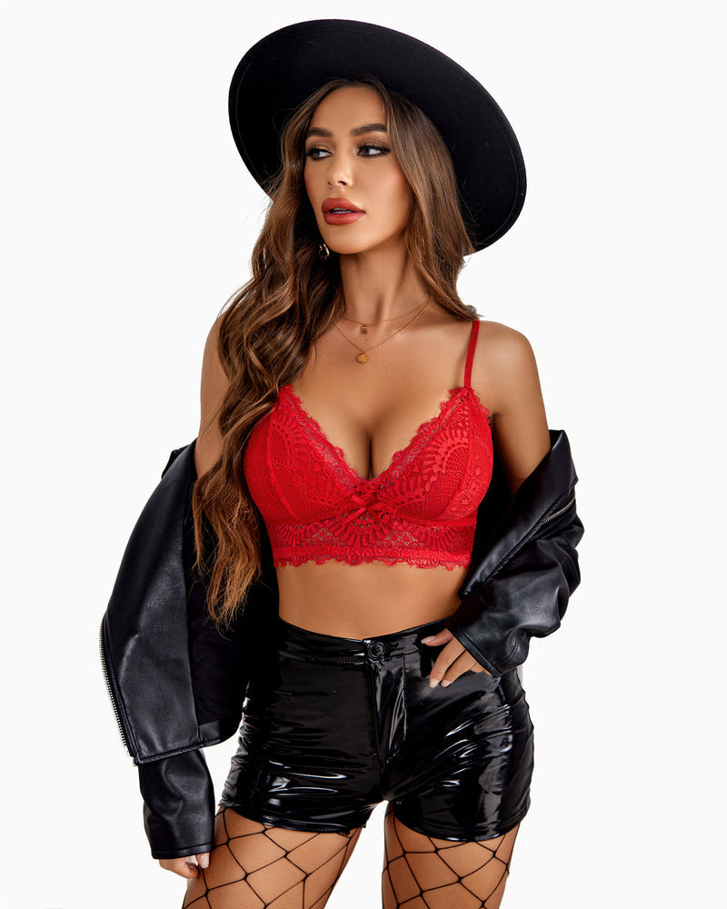 Red lace bralette crop top with black shorts and a jacket. Sexy Avidlove bralette.
