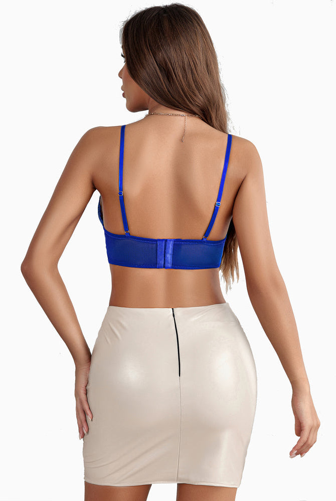 Royal blue lace bralette crop top, adjustable straps, beige skirt. Sexy Avidlove lingerie.