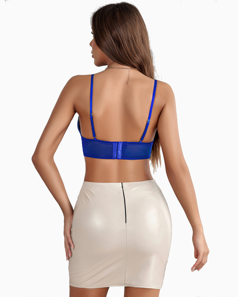 Royal blue lace bralette crop top, adjustable straps, beige skirt. Sexy Avidlove lingerie.