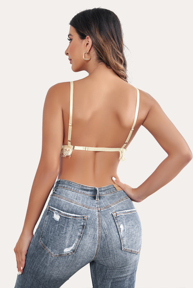 Pale yellow lace bralette Y2K crop top with adjustable straps and jeans. Avidlove lingerie.