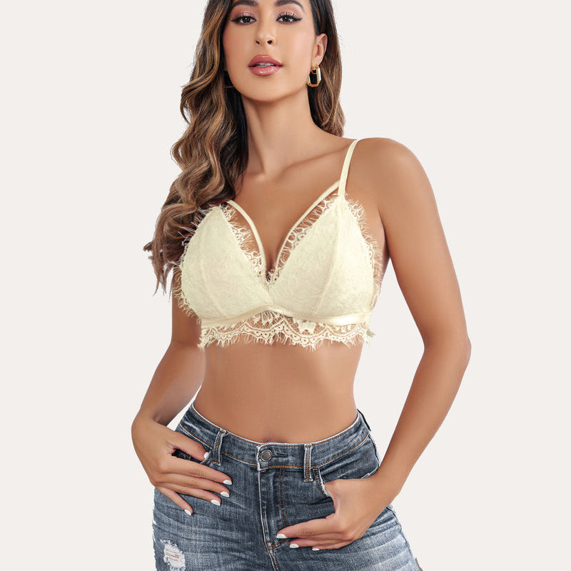 Pale yellow lace bralette crop top. Y2K cami with delicate V-neck. Sexy lingerie for women.