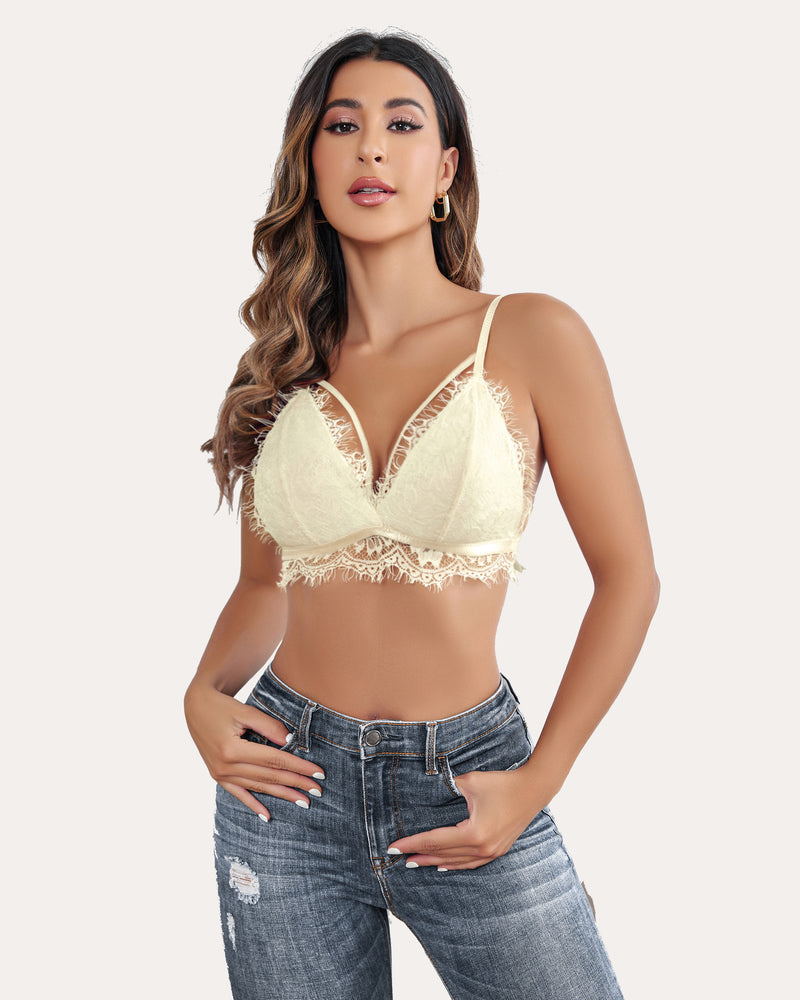 Pale yellow lace bralette crop top. Y2K cami with delicate V-neck. Sexy lingerie for women.