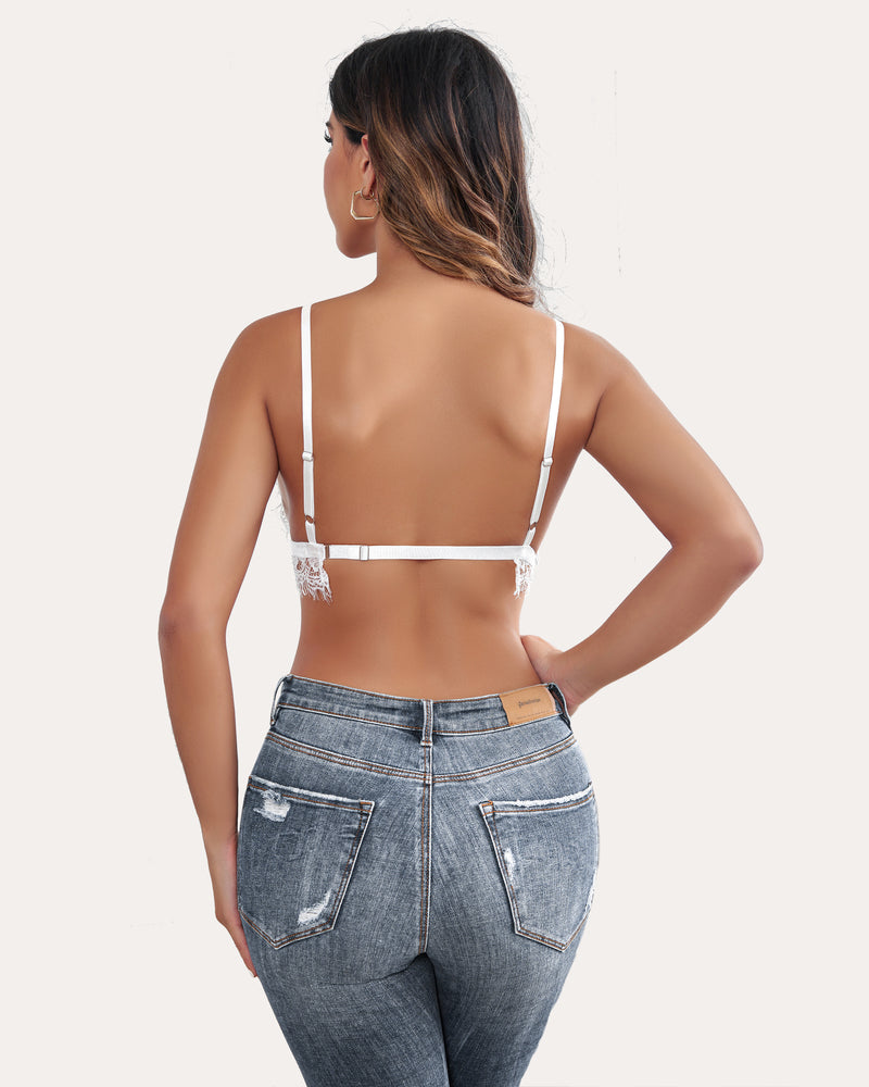 White lace bralette crop top with jeans. Y2K cami lingerie for women, adjustable straps.