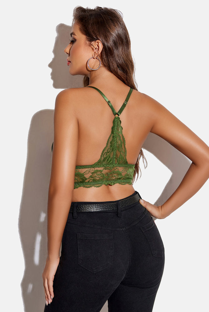 Green lace racerback crop top bra, floral lace design, comfortable and sexy lingerie.