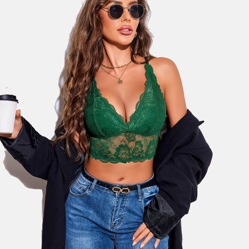 Green lace V-neck crop top bra, confident and sexy style, comfortable lingerie for women.
