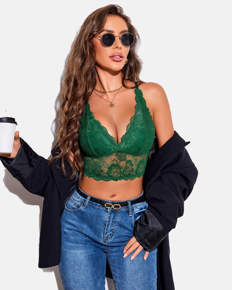 Green lace V-neck crop top bra, confident and sexy style, comfortable lingerie for women.